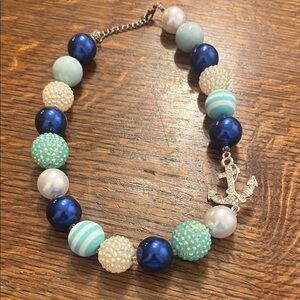 Anchor Charm Beaded Necklace - Blue, White, Silver 18”